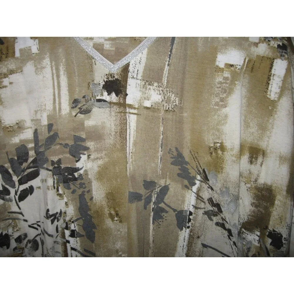 Chico's‎ White Green Silver Metallic Leaves 3/4 Sleeve Top Size 2 L 12